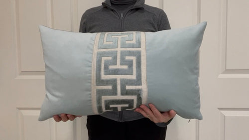 Aqua Mist Velvet Lumbar Pillow Cover with Large Navy Greek Key Trim