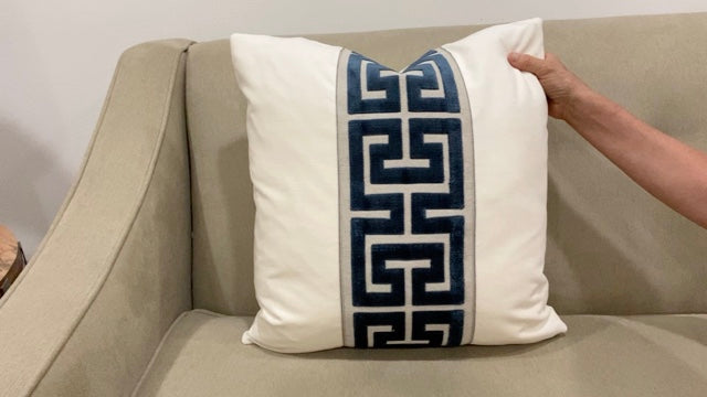 Off White Velvet Lumbar Pillow Cover with Large NAVY Greek Key Trim