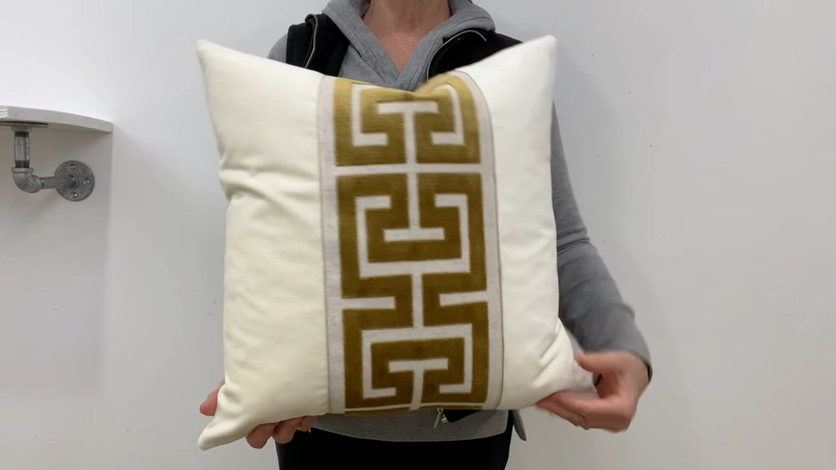 Off White Velvet Lumbar Pillow Cover with Large GOLD Greek Key Trim