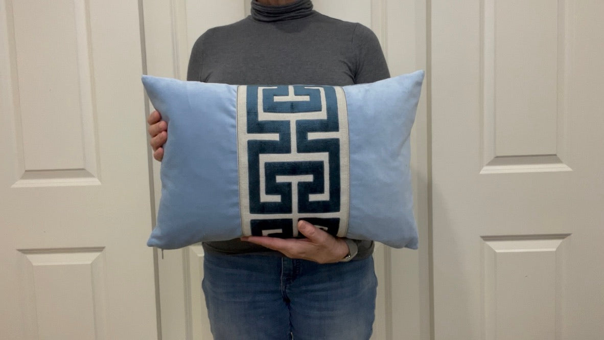 Light Blue Velvet Lumbar Pillow Cover with Large NAVY Greek Key trim
