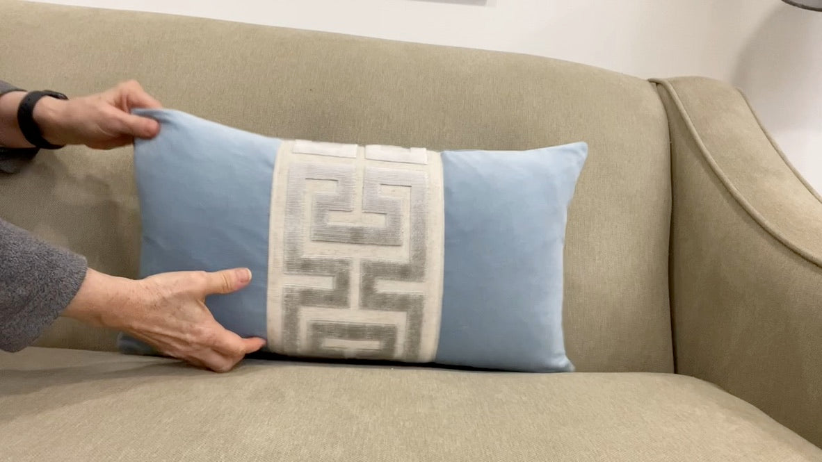 Light Blue Velvet Lumbar Pillow Cover with Large GRAY Greek Key Trim