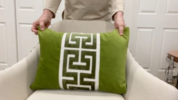 Lime Green Velvet Pillow Cover with Large Greek Key Trim - SELECT TRIM COLOR