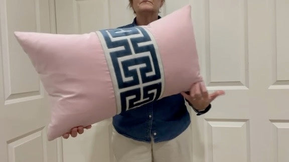 Light Pink Velvet Lumbar Pillow Cover with Large NAVY Greek Key Trim