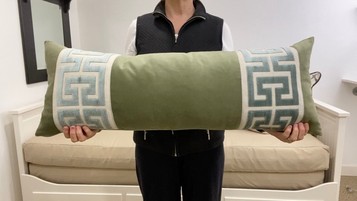 Sage Velvet Lumbar Pillow Cover with Large MIST Greek Key