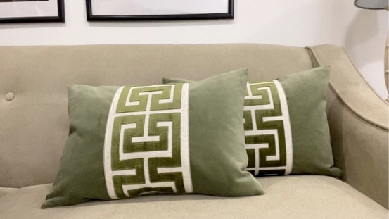 Sage Green Velvet Lumbar Pillow Cover with Large GREEN Greek Key Trim