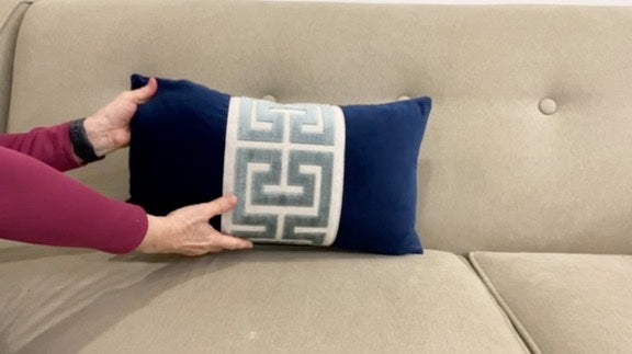 Navy Blue Velvet Lumbar Pillow Cover with Large NAVY Greek Key Trim