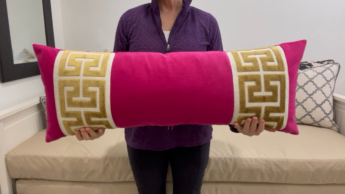 Fuchsia Pink Velvet Lumbar Pillow Cover with Large MIST Greek Key Trim