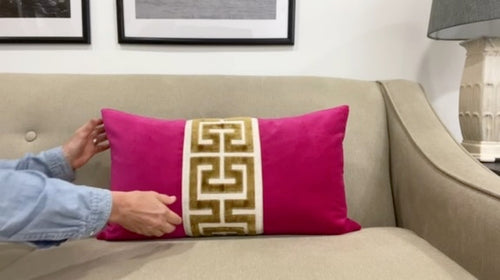Fuchsia Pink Velvet Pillow Cover with Large Greek Key Trim - SELECT TRIM COLOR