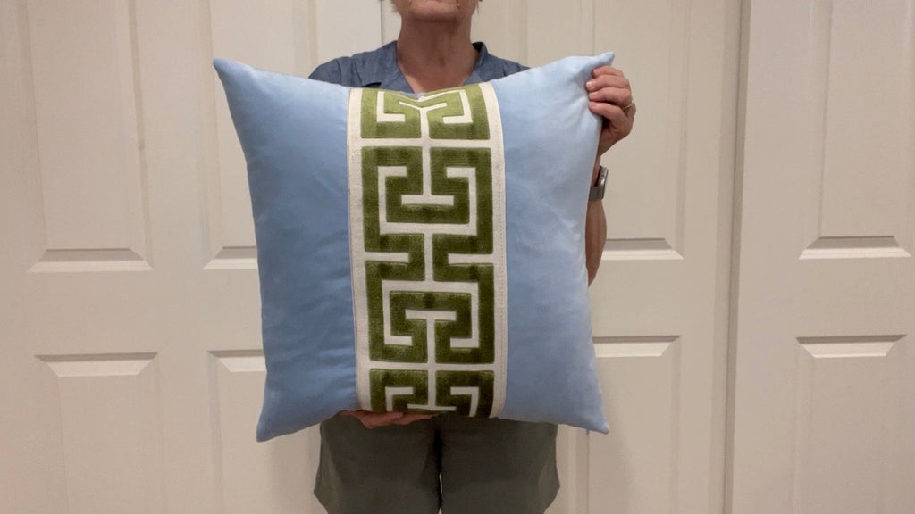 Light Blue Pillow Cover with Large GREEN Greek Key Trim