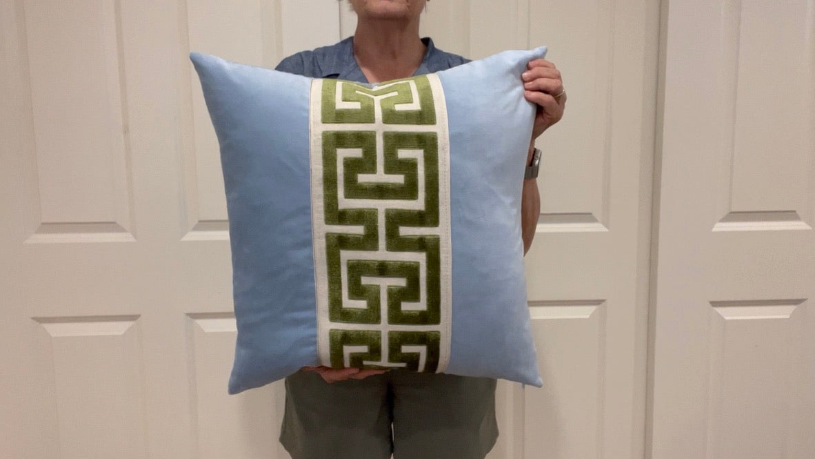 Light Blue Pillow Cover with Large GREEN Greek Key Trim