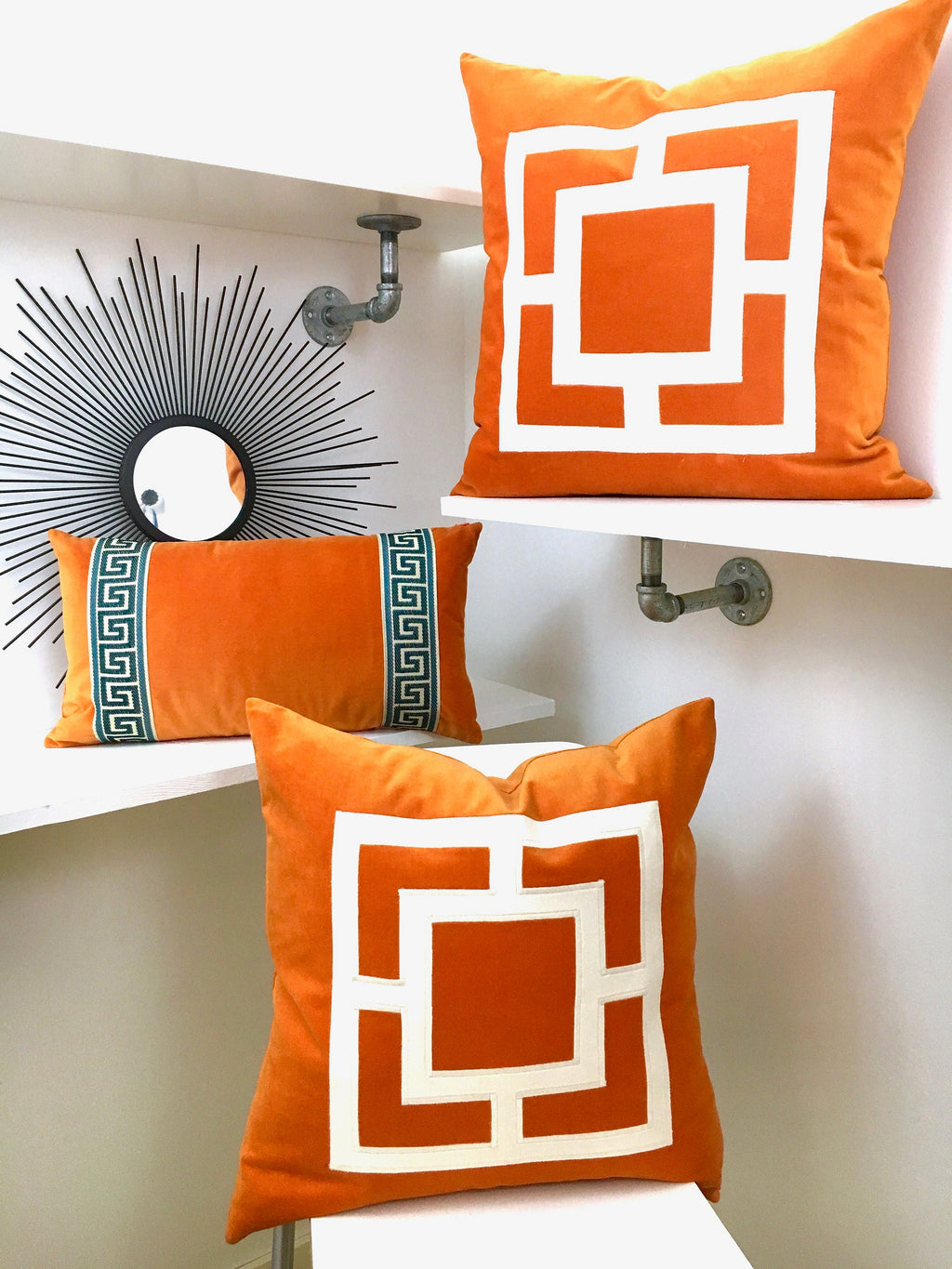 Orange Velvet Pillow Cover: Geometric Applique Design