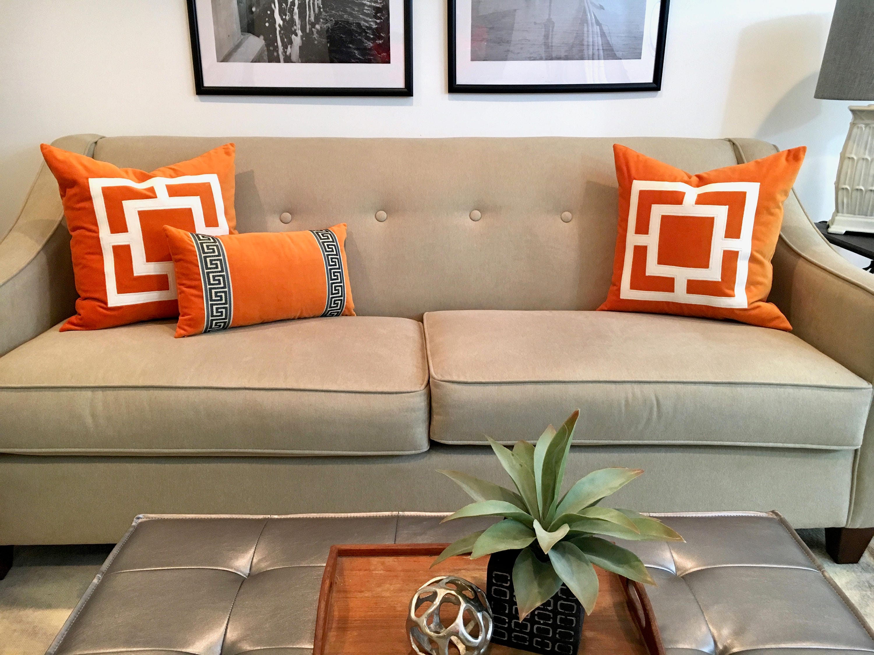 Orange Velvet Pillow Cover: Geometric Applique Design