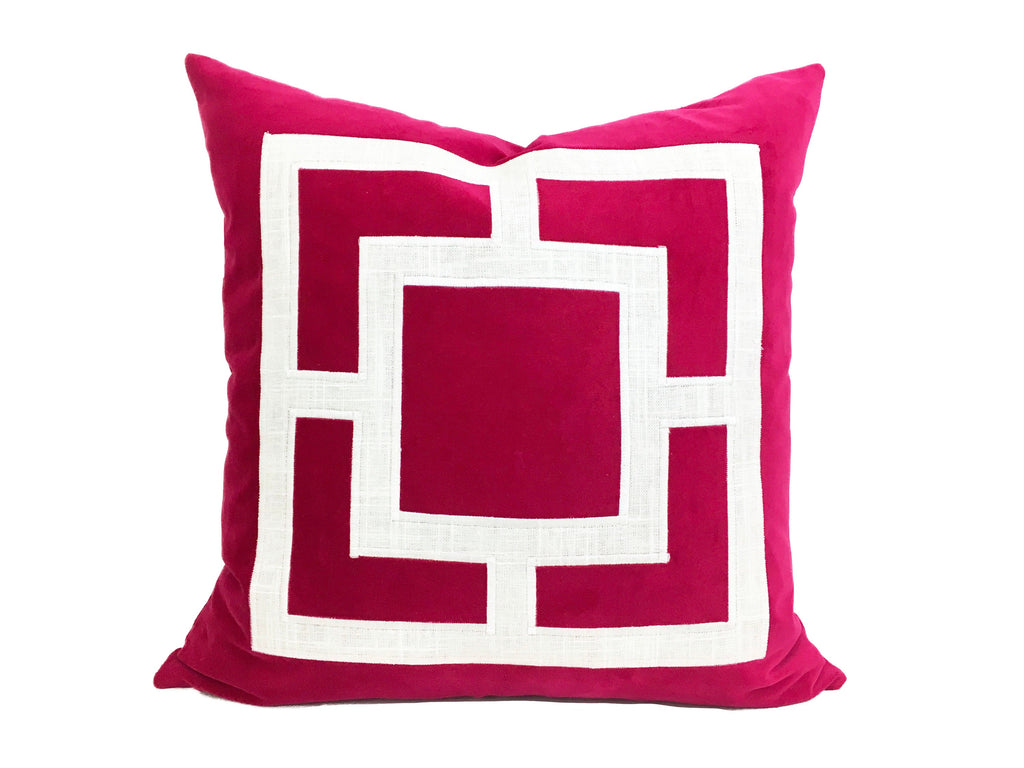 Fuchsia Velvet Pillow Cover: Geometric Linen Applique