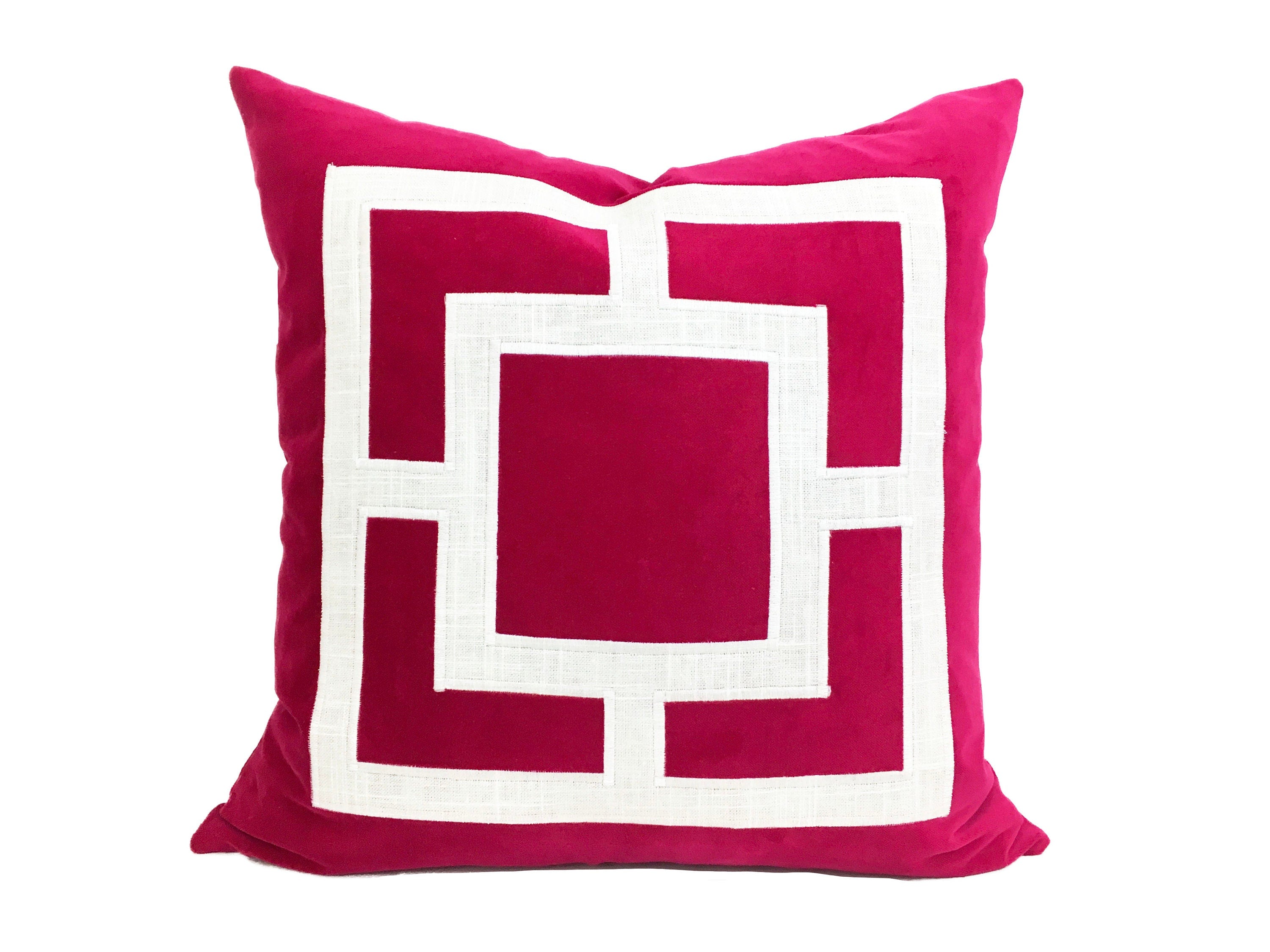 Fuchsia Velvet Pillow Cover: Geometric Linen Applique