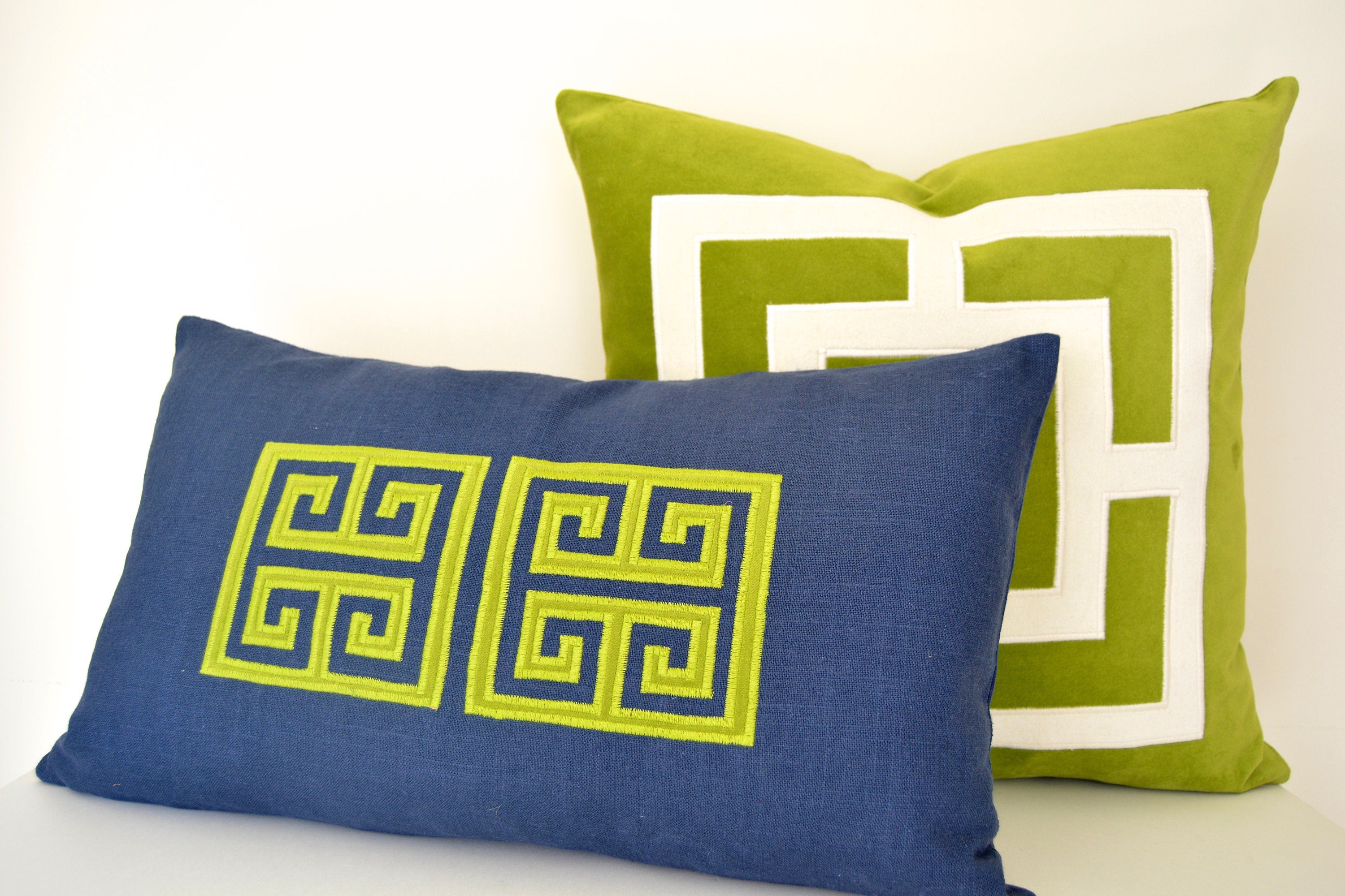 Lime Green Pillow Cover -  Green Velvet Pillow Cover with Off-White Velvet Applique