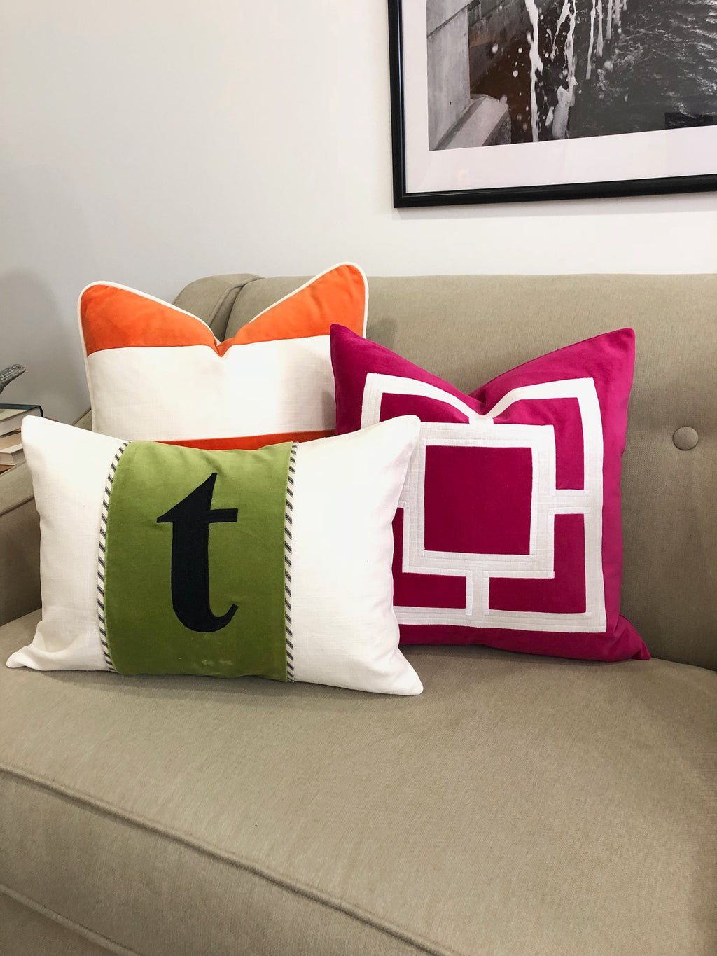 Fuchsia Velvet Pillow Cover: Geometric Linen Applique