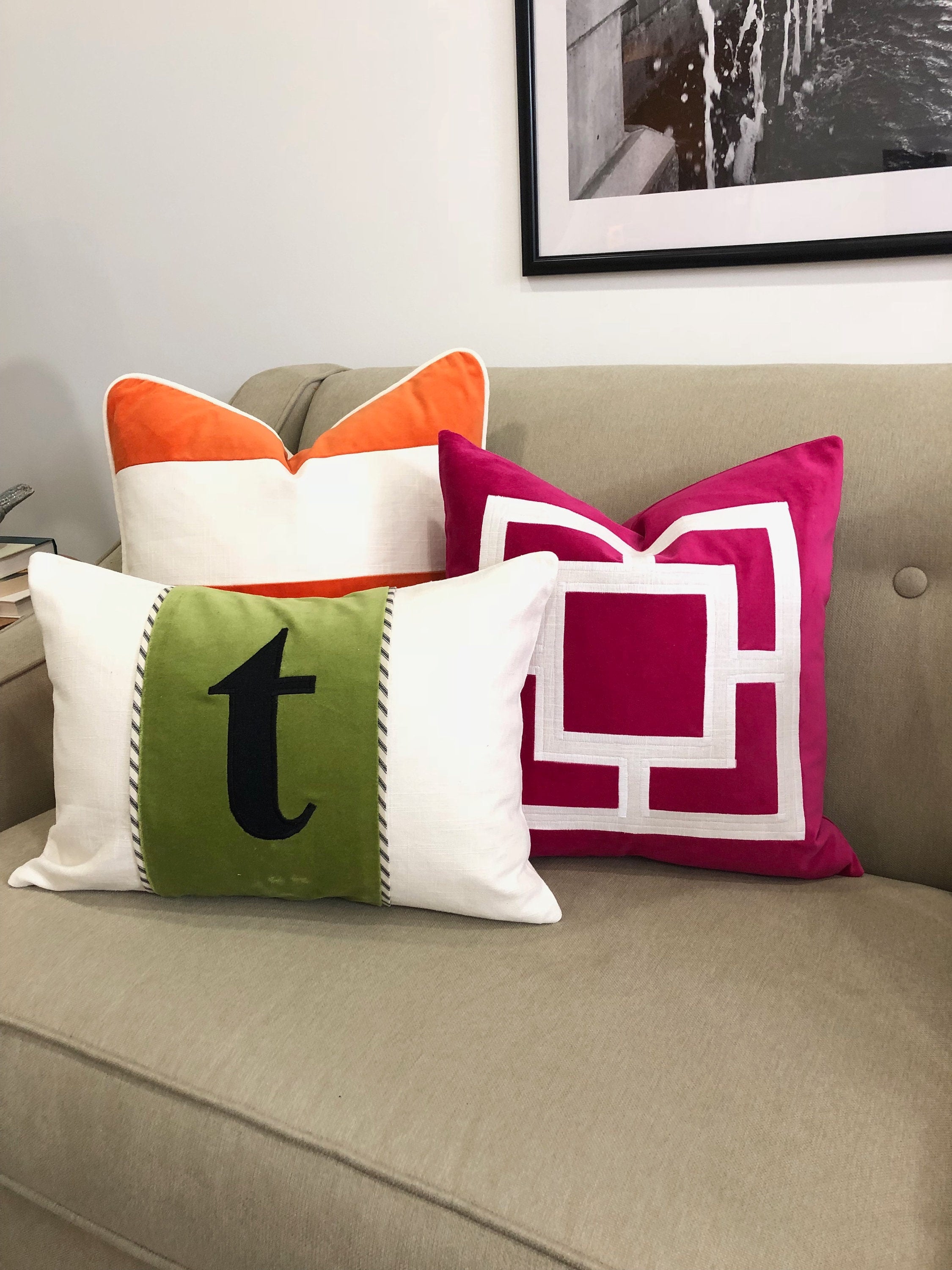 Fuchsia Velvet Pillow Cover: Geometric Linen Applique