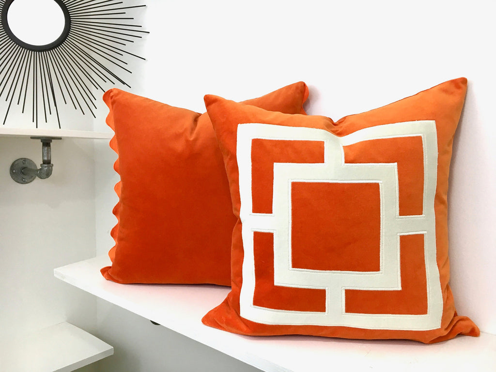 Orange Velvet Pillow Cover: Geometric Applique Design