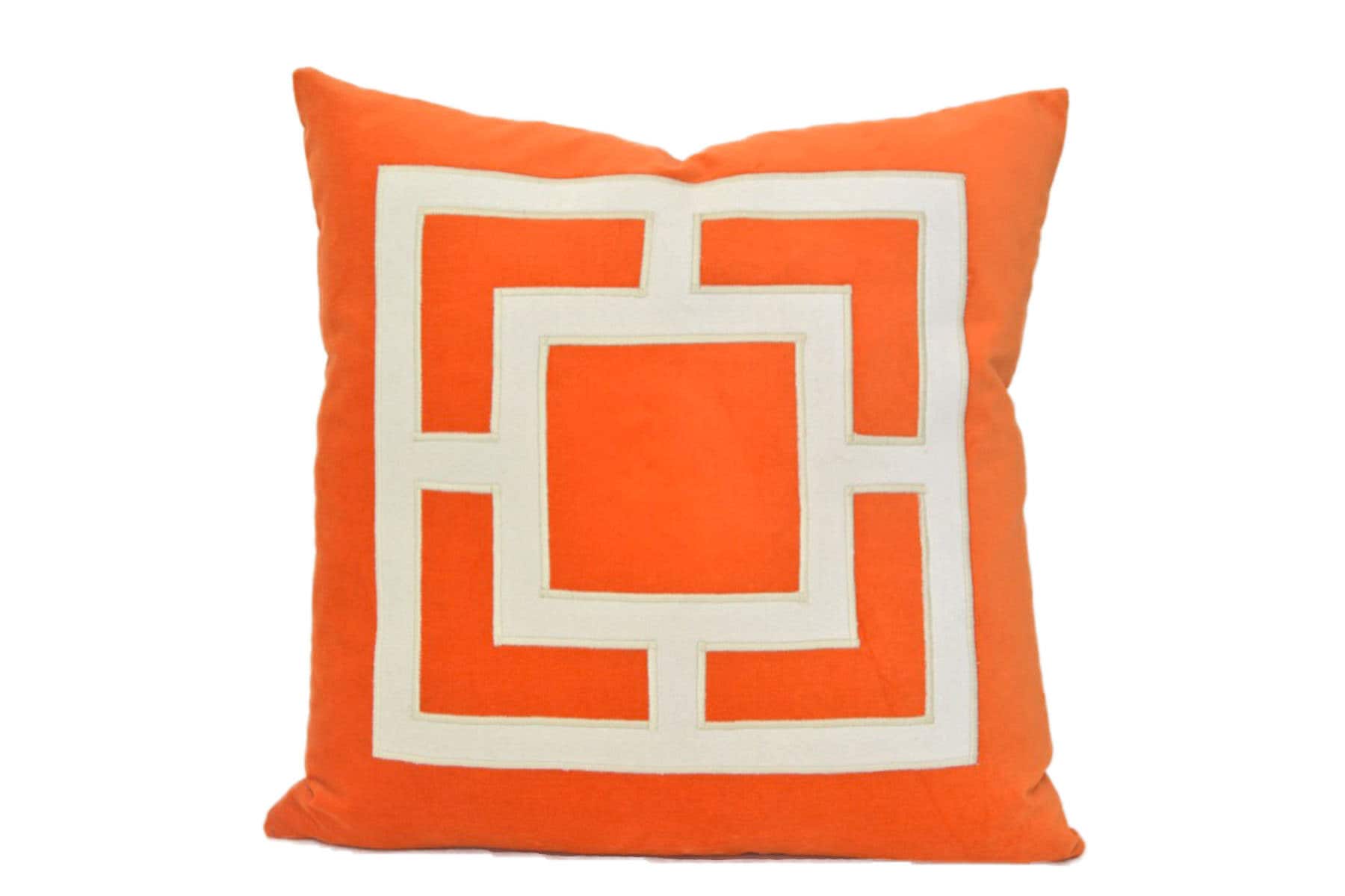 Orange Velvet Pillow Cover: Geometric Applique Design