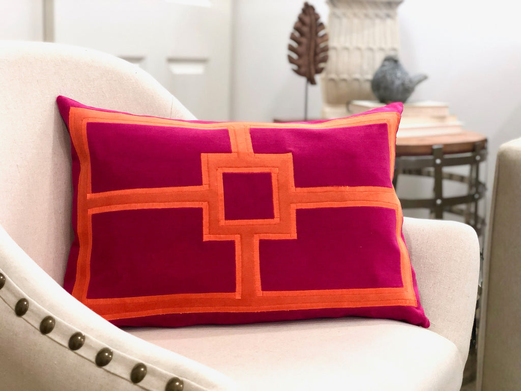Fuchsia Pillow Cover - Pink Velvet Pillow Cover with Rectangular Orange Velvet Appliqué