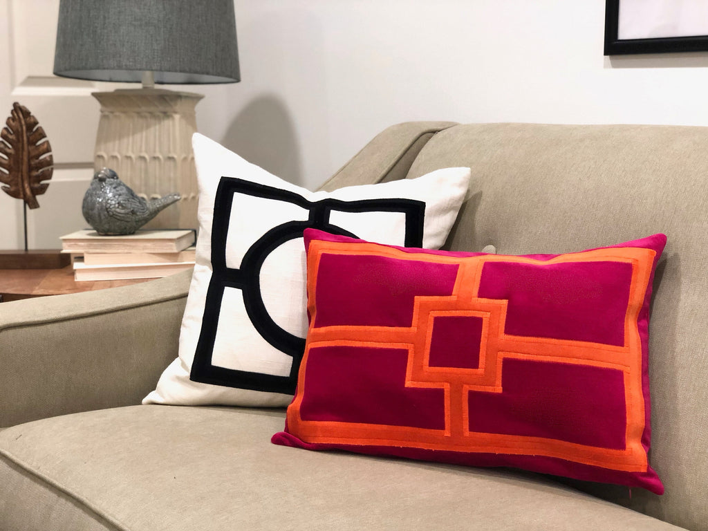 Fuchsia Pillow Cover - Pink Velvet Pillow Cover with Rectangular Orange Velvet Appliqué