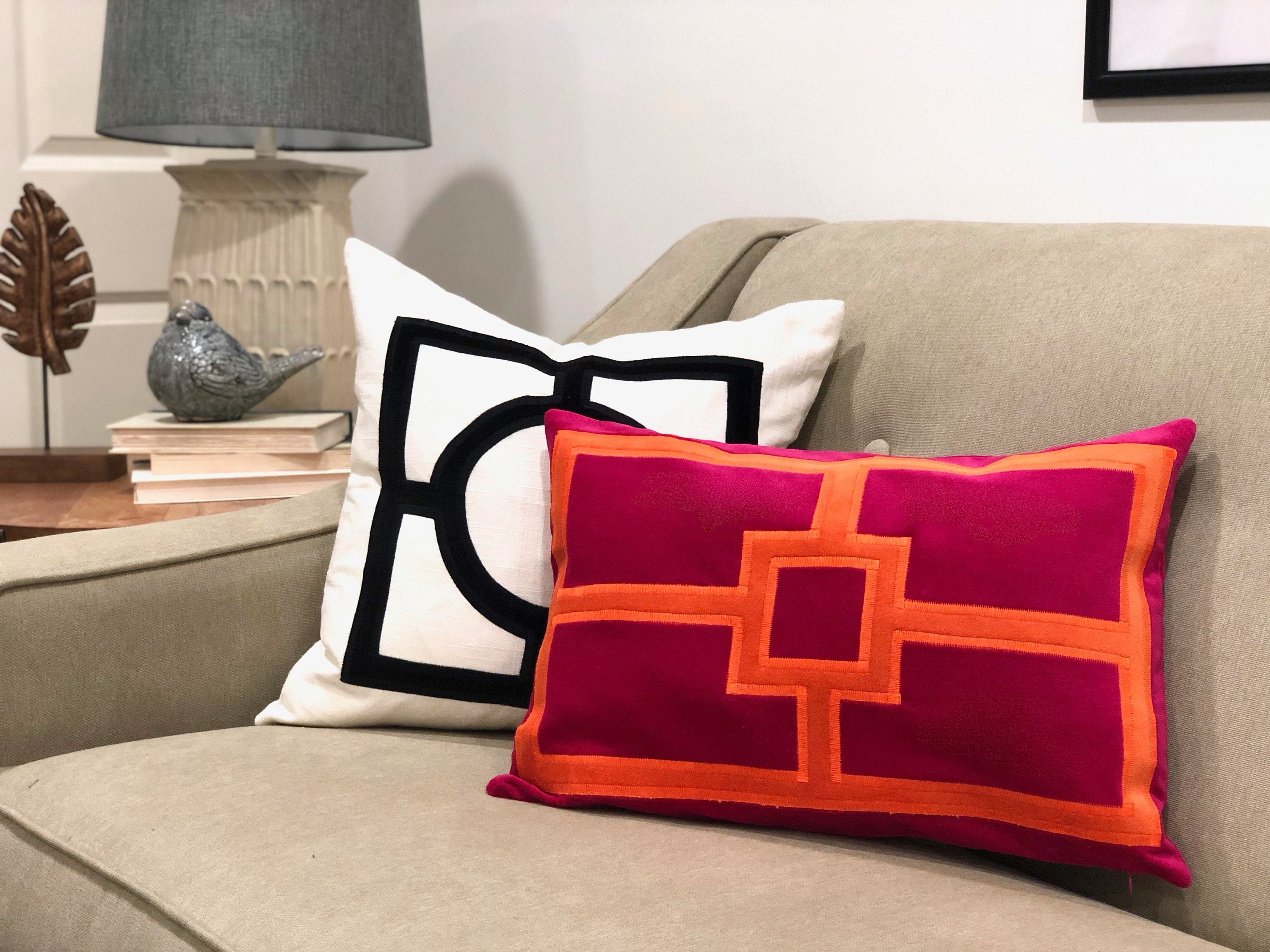 Fuchsia Pillow Cover - Pink Velvet Pillow Cover with Rectangular Orange Velvet Appliqué