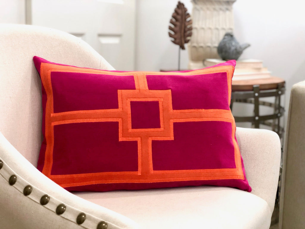 Fuchsia Velvet Pillow Cover: Geometric Linen Applique