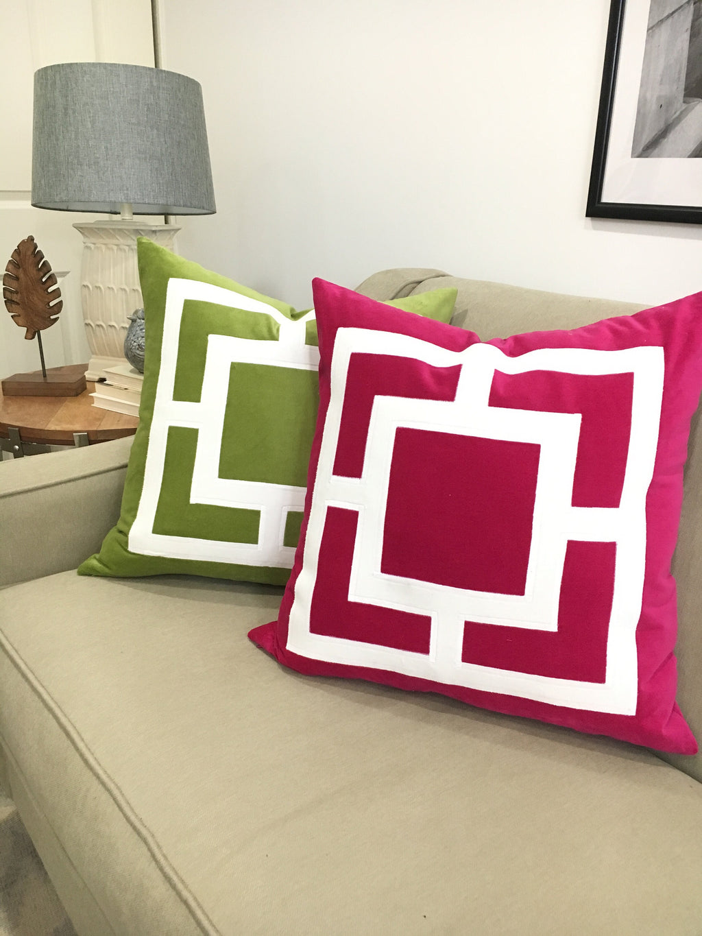 Lime Green Pillow Cover -  Green Velvet Pillow Cover with Off-White Velvet Applique