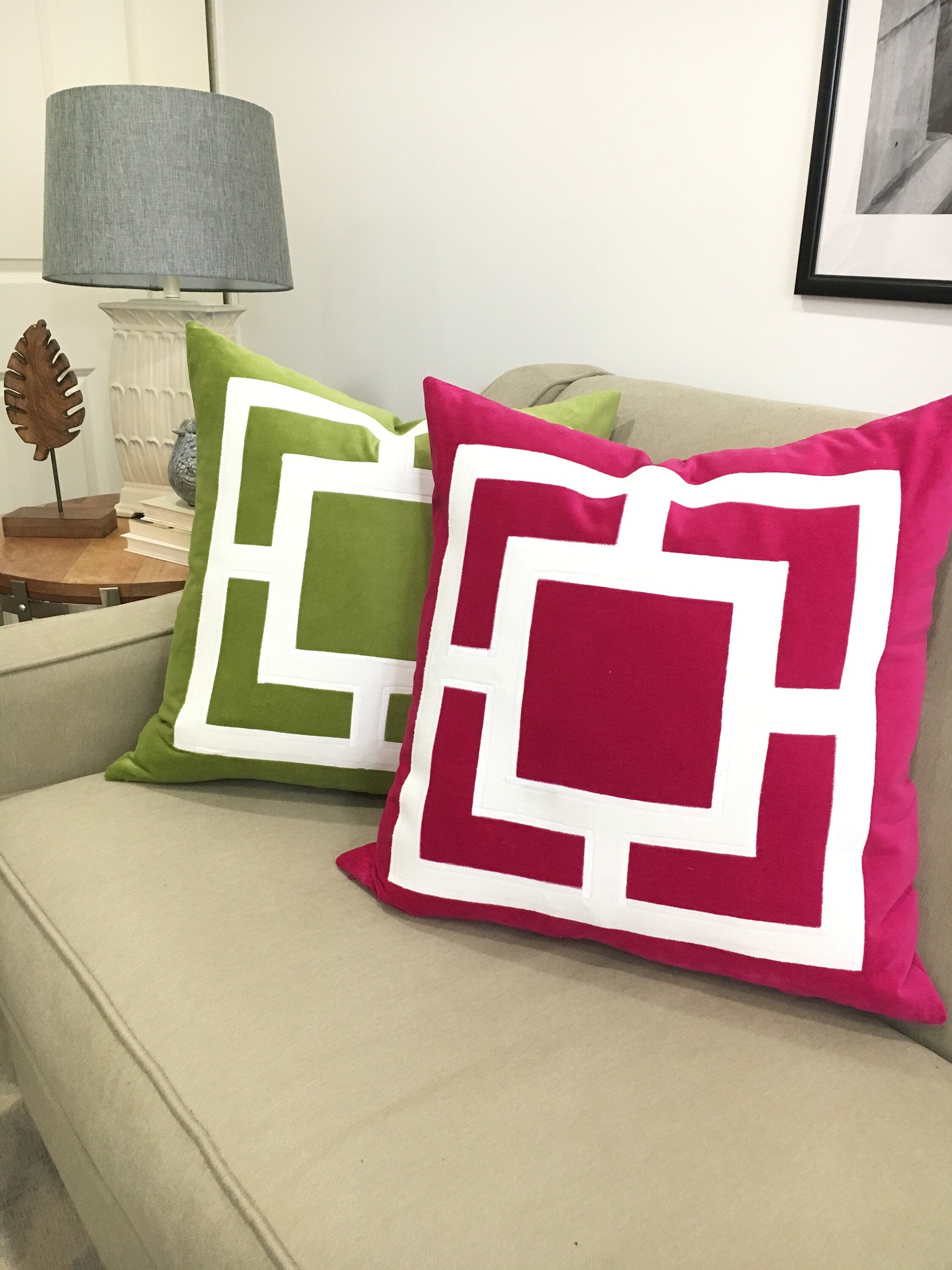 Lime Green Pillow Cover -  Green Velvet Pillow Cover with Off-White Velvet Applique