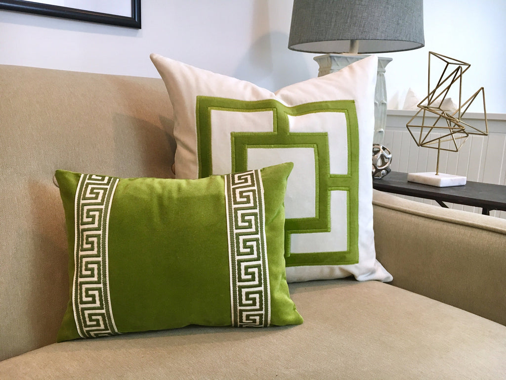 Lime Green Velvet Pillow Cover: Navy Geometric Applique