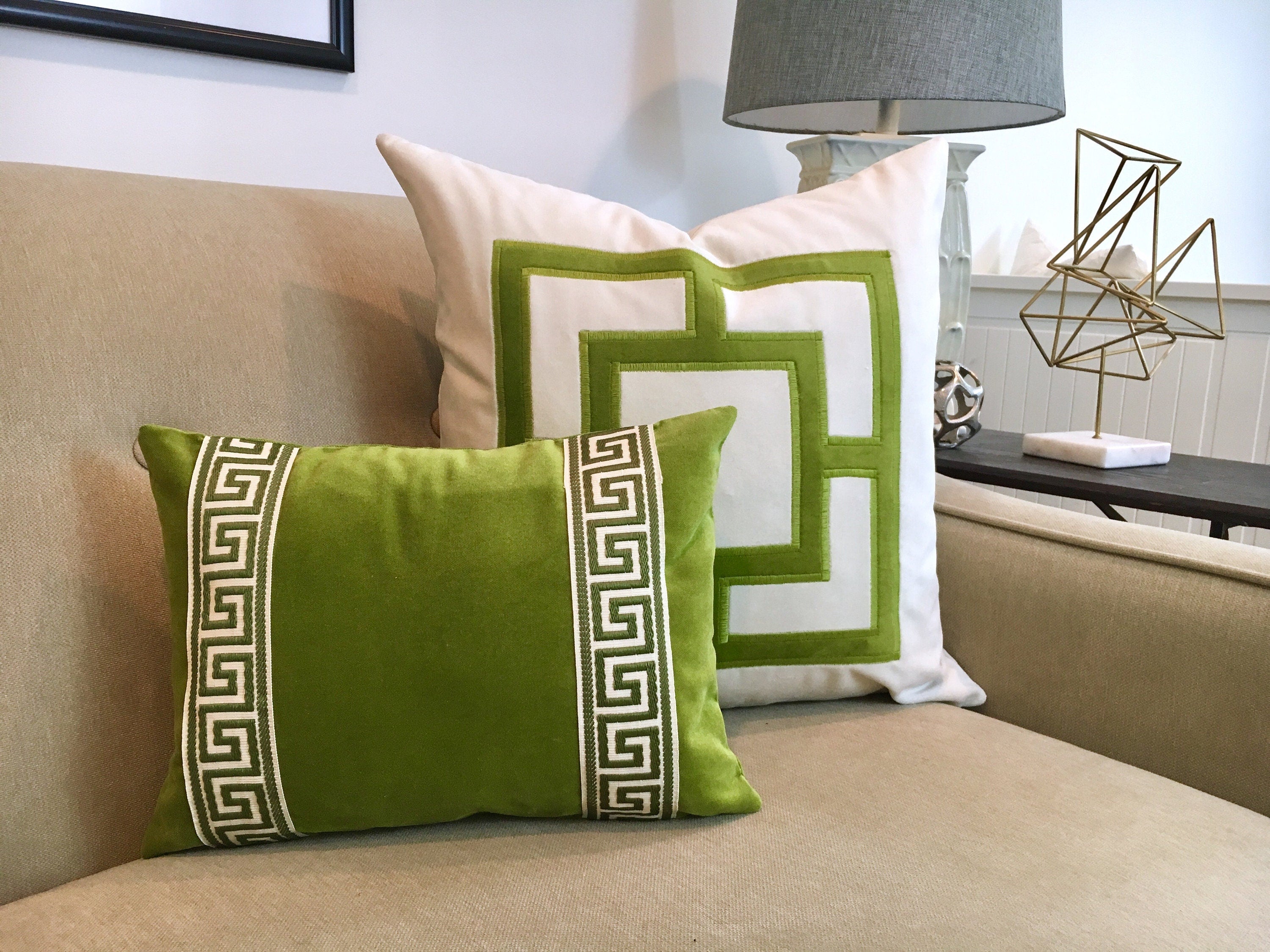 Lime Green Velvet Pillow Cover: Navy Geometric Applique