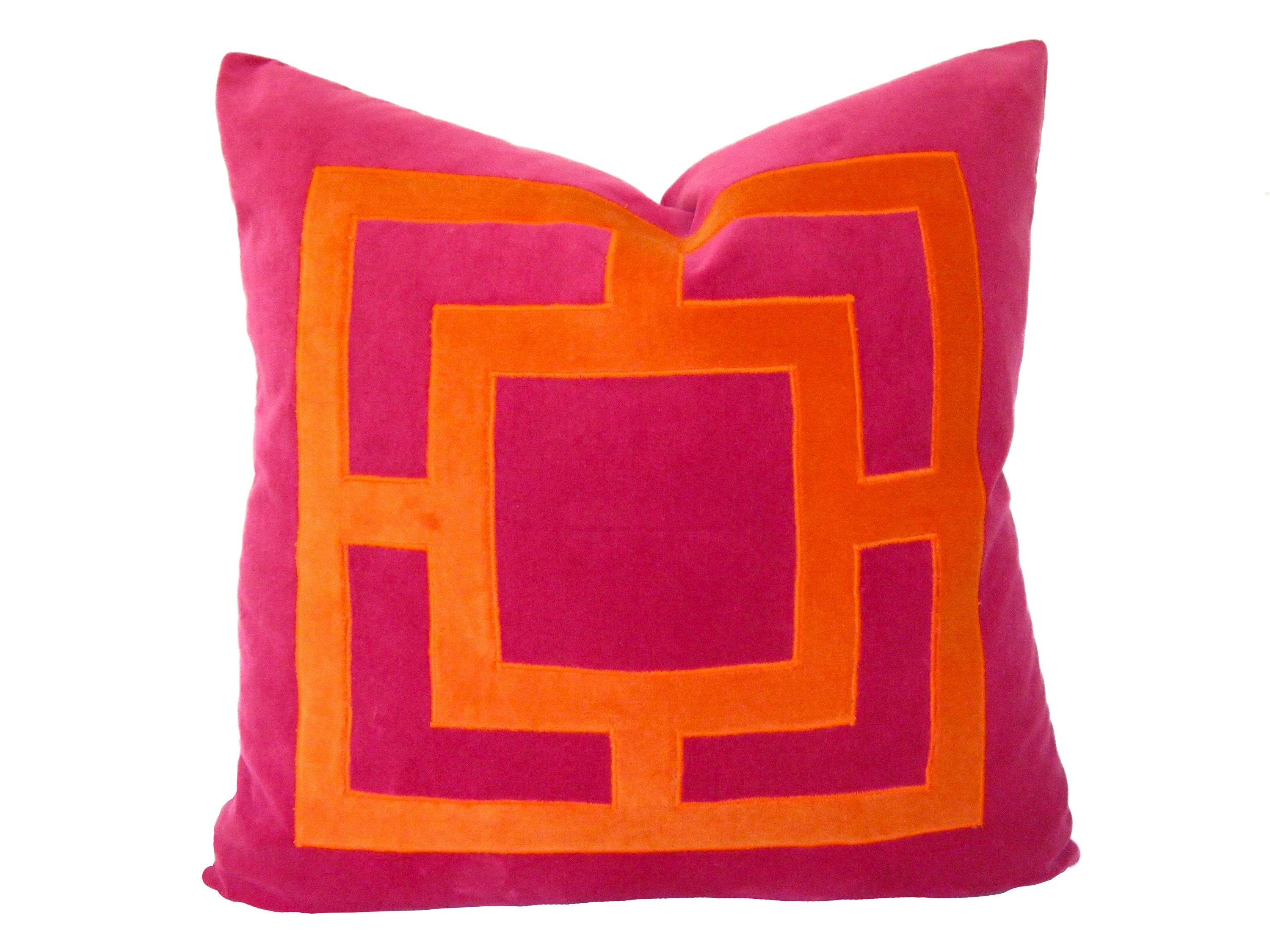 Fuchsia Pink and Orange Square Velvet Applique Pillow Cover