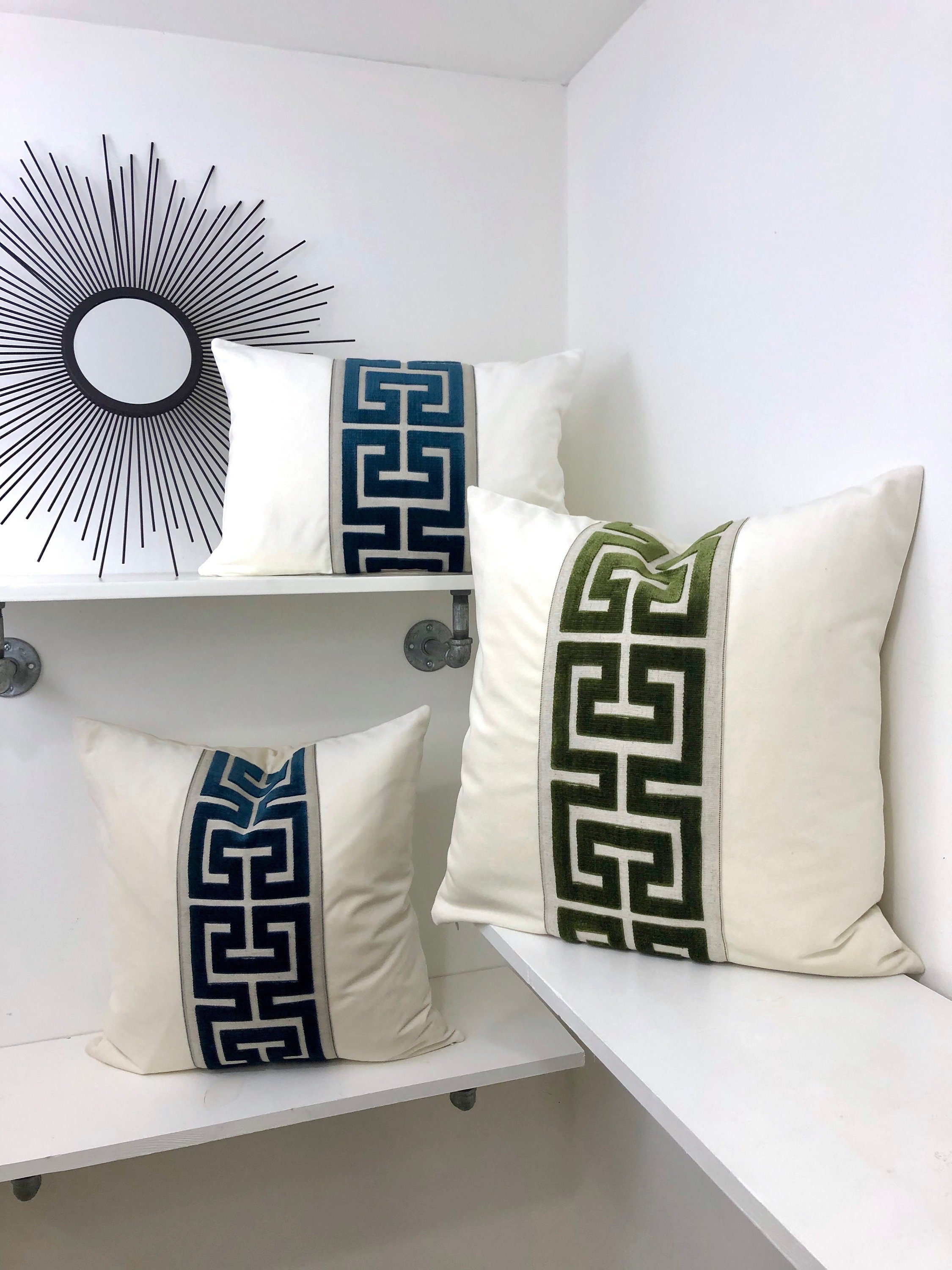 Off White Velvet Lumbar Pillow Cover with Large MIST Greek KeyTrim