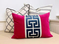Fuchsia Pink Velvet Lumbar Pillow Cover with Large NAVY  Greek Key Trim