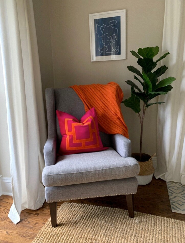 Fuchsia Pink and Orange Square Velvet Applique Pillow Cover