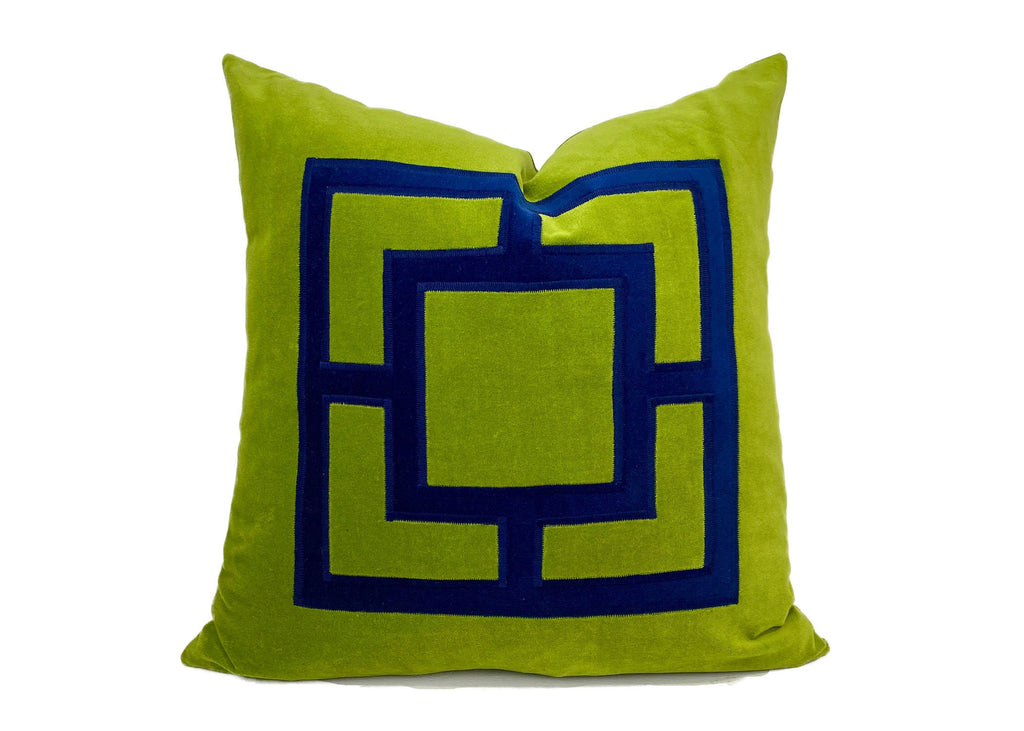 Lime Green Velvet Pillow Cover: Navy Geometric Applique