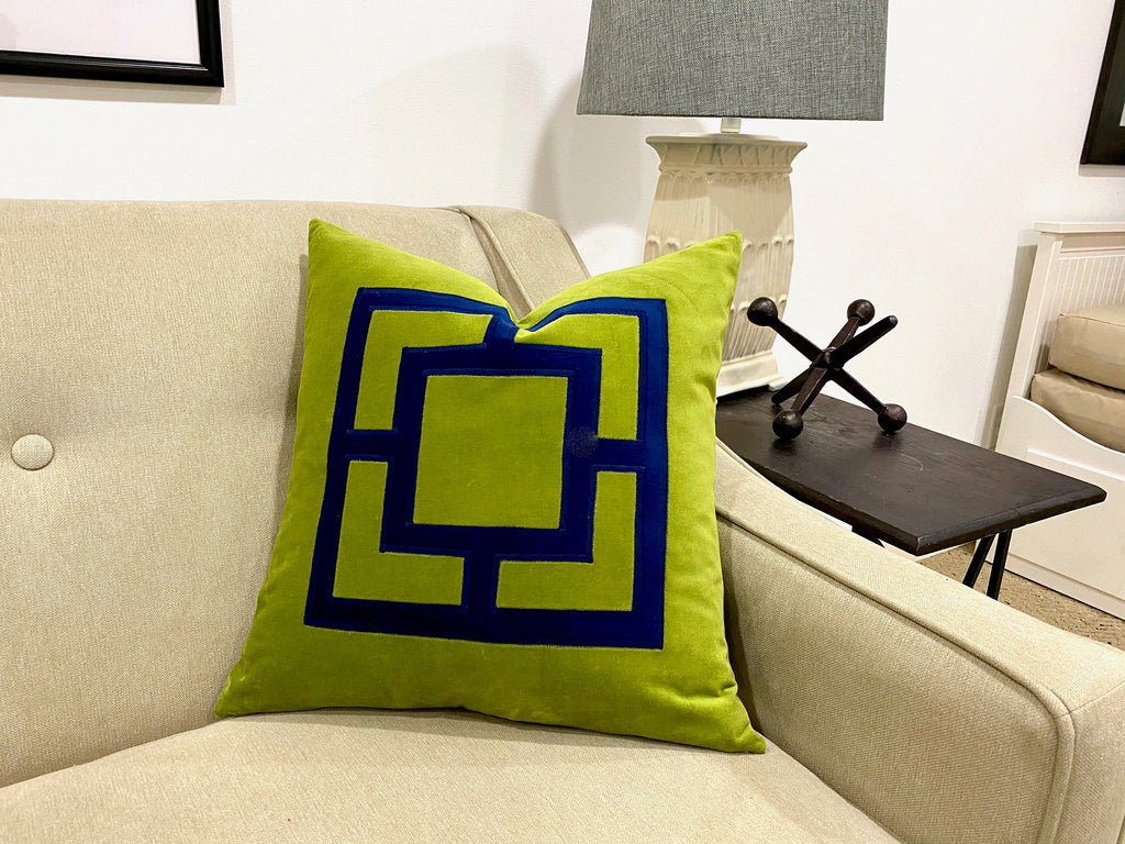 Lime Green Velvet Pillow Cover: Navy Geometric Applique