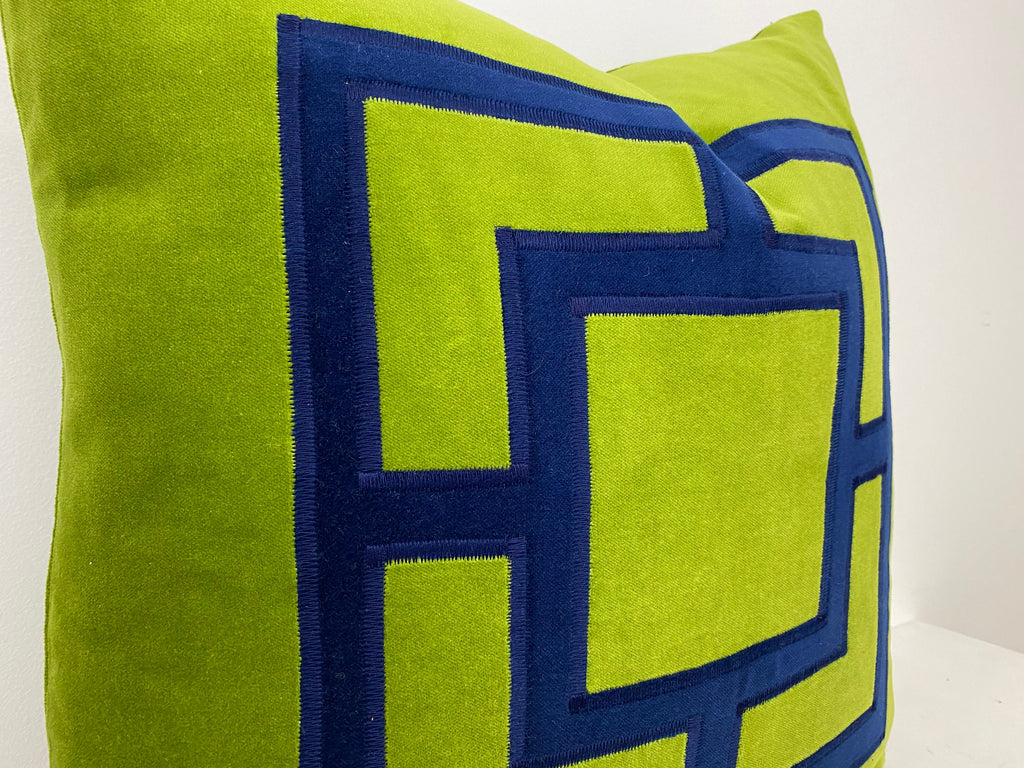 Lime Green Velvet Pillow Cover: Navy Geometric Applique