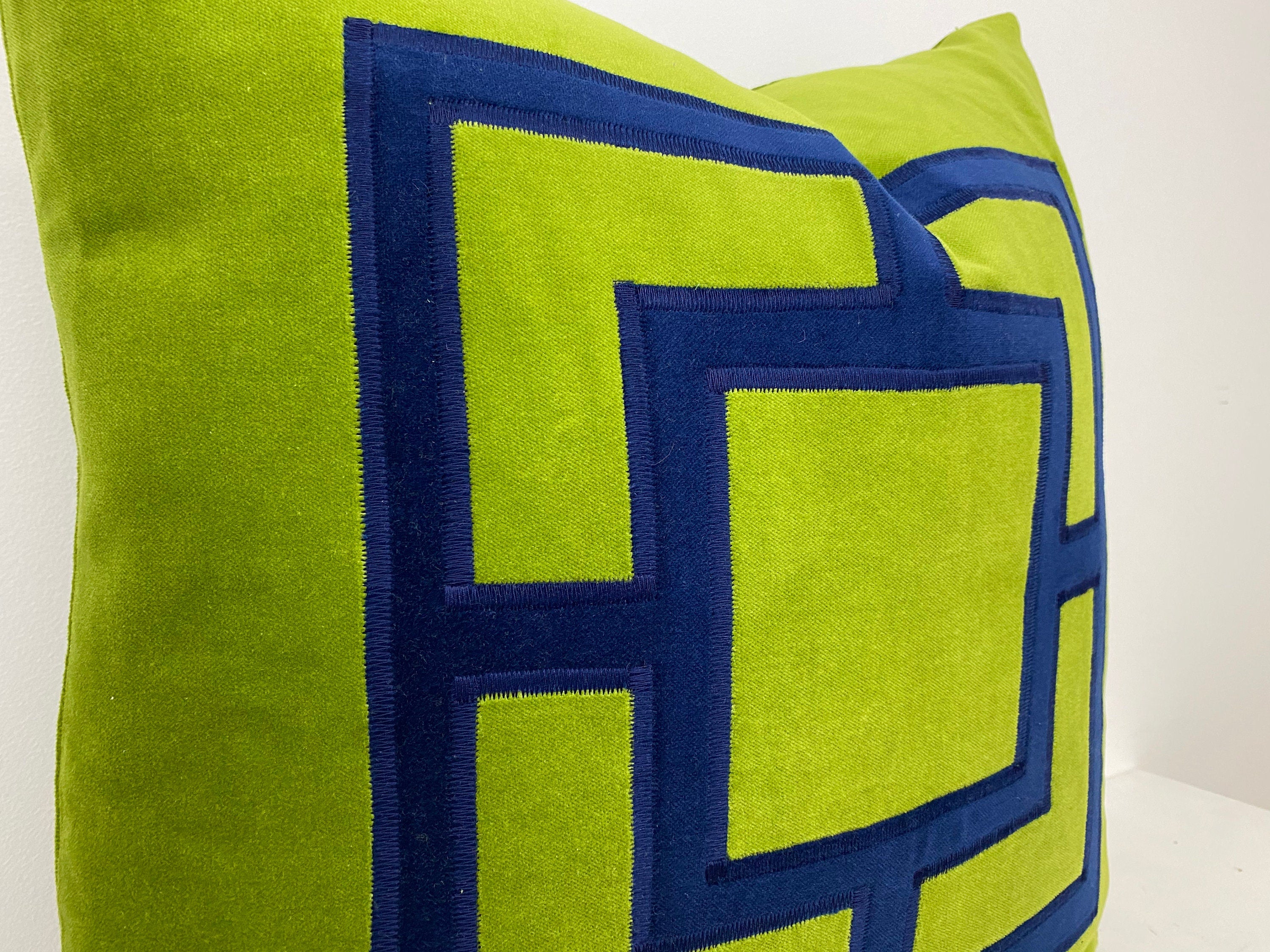 Lime Green Velvet Pillow Cover: Navy Geometric Applique