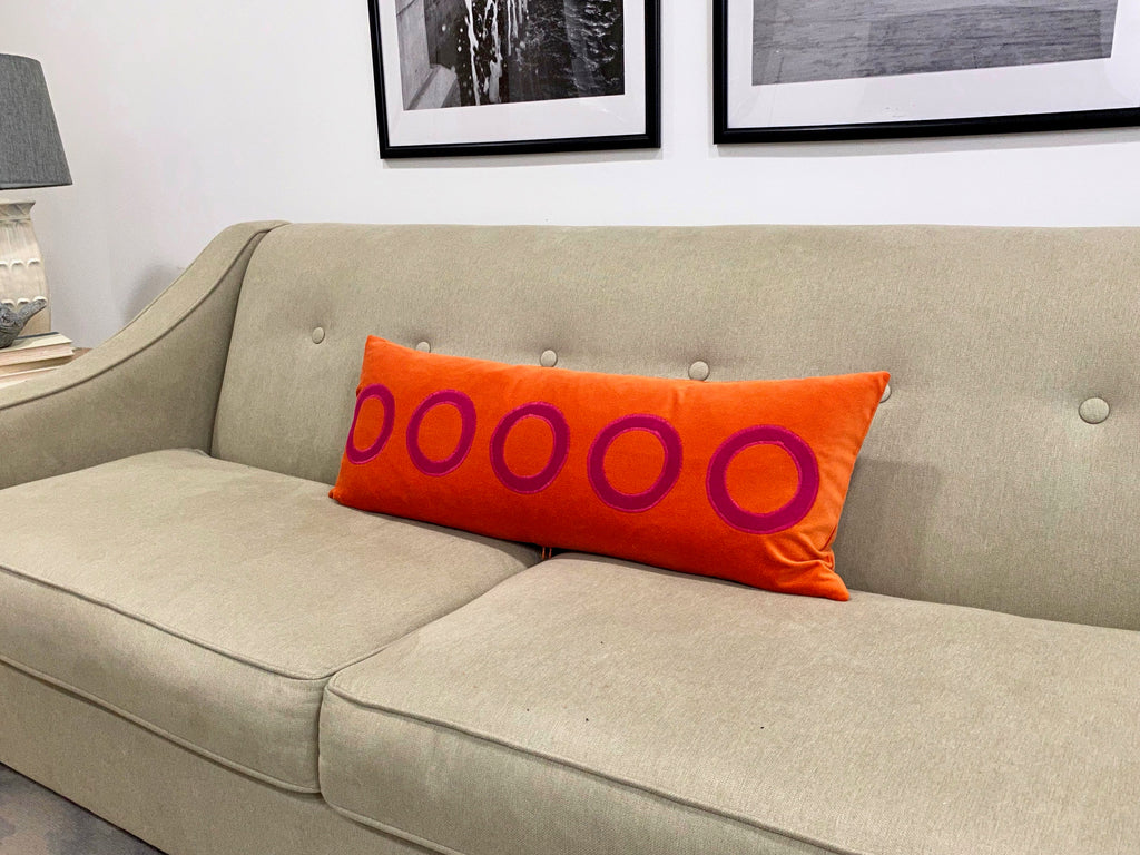 Orange Velvet Pillow Cover with Pink Appliqué Circles