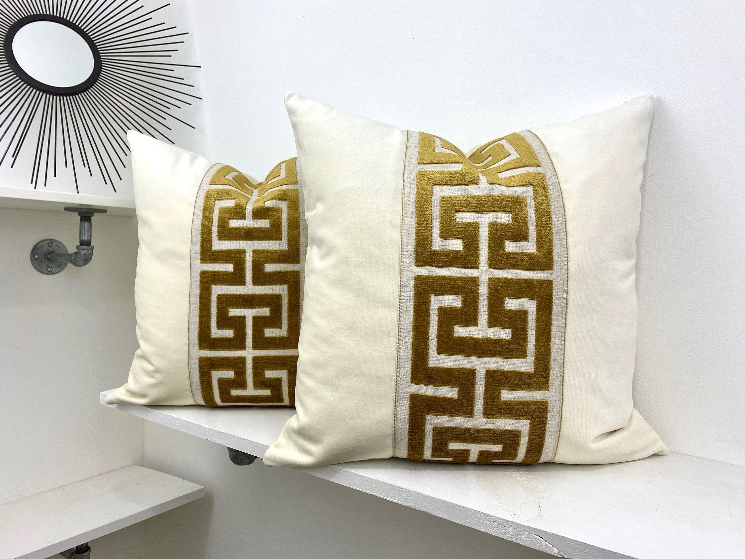 Off White Velvet Lumbar Pillow Cover with Large GOLD Greek Key Trim