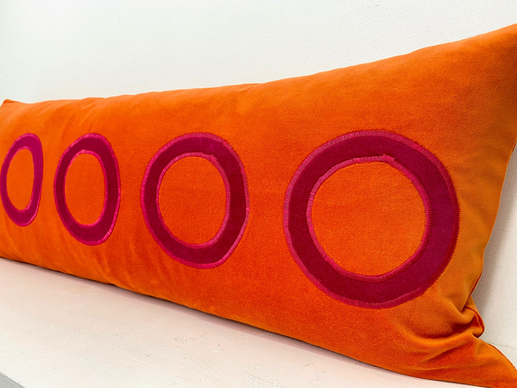 Orange Velvet Pillow Cover with Pink Appliqué Circles
