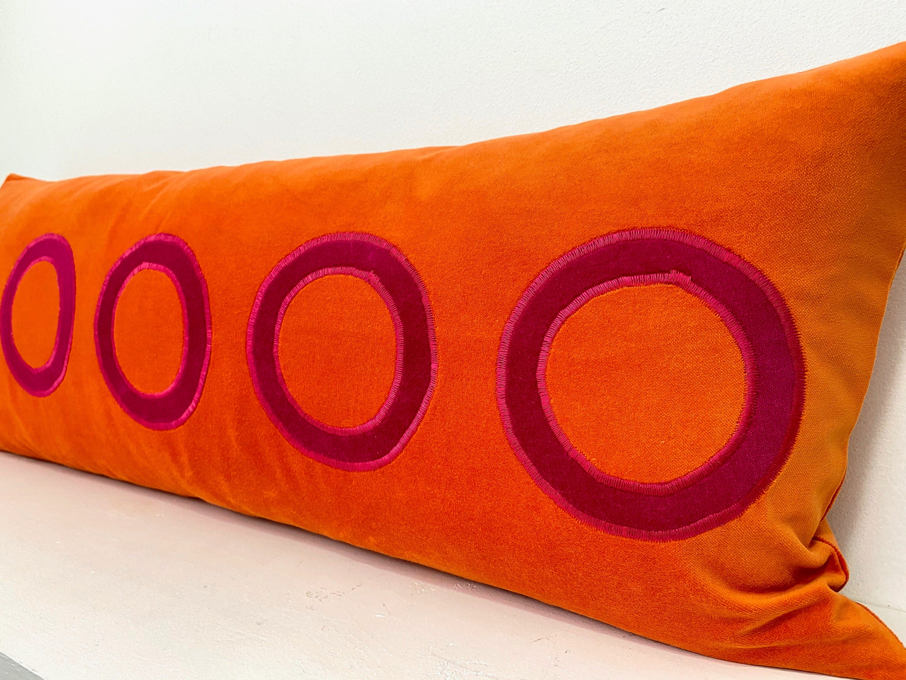 Orange Velvet Pillow Cover with Pink Appliqué Circles