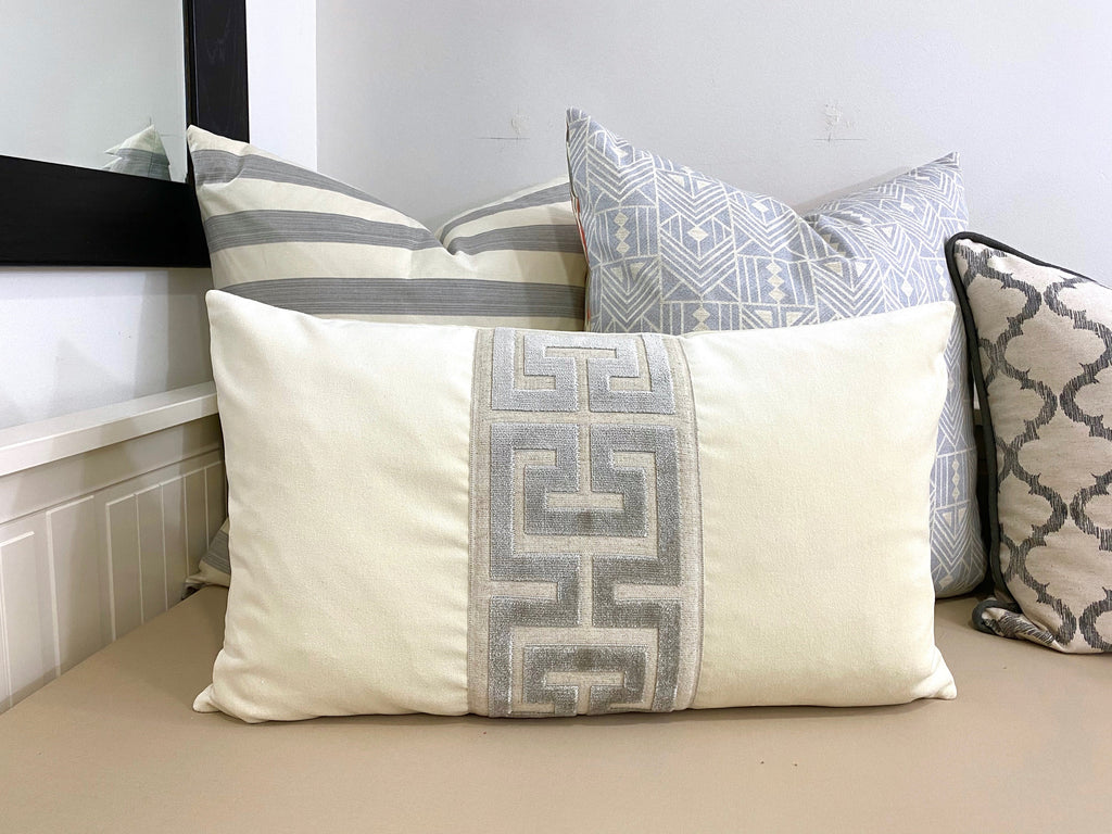 Off White Velvet Lumbar Pillow Cover with Large GRAY Greek Key Trim