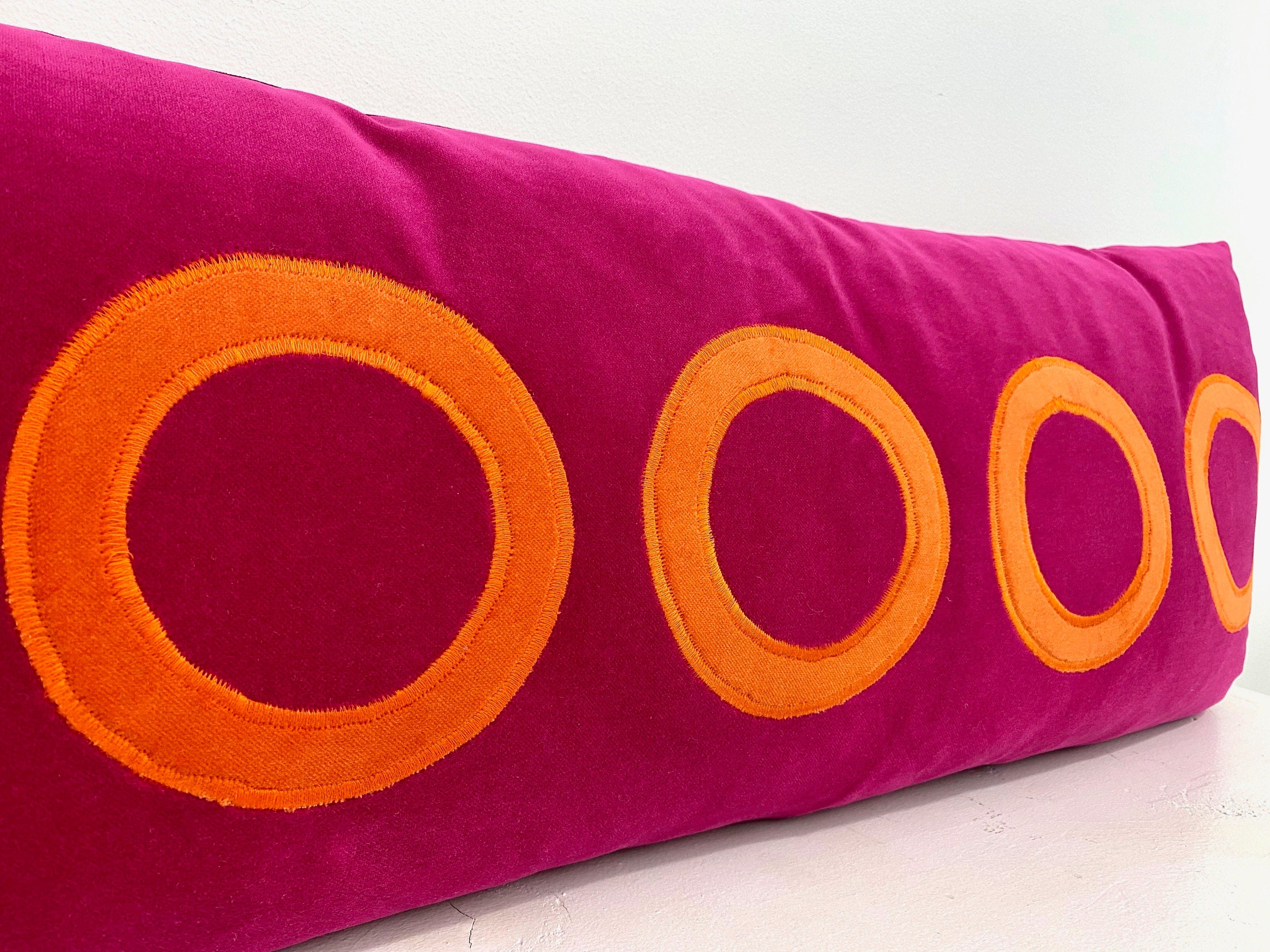 Extra Long Lumbar - Fuchsia Velvet Pillow Cover with Orange Circles Appliqué