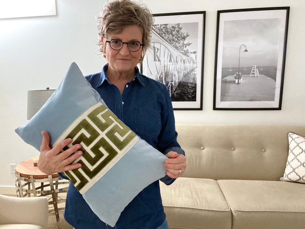Light Blue Velvet Pillow Cover with Large Greek Key Trim - SELECT TRIM COLOR