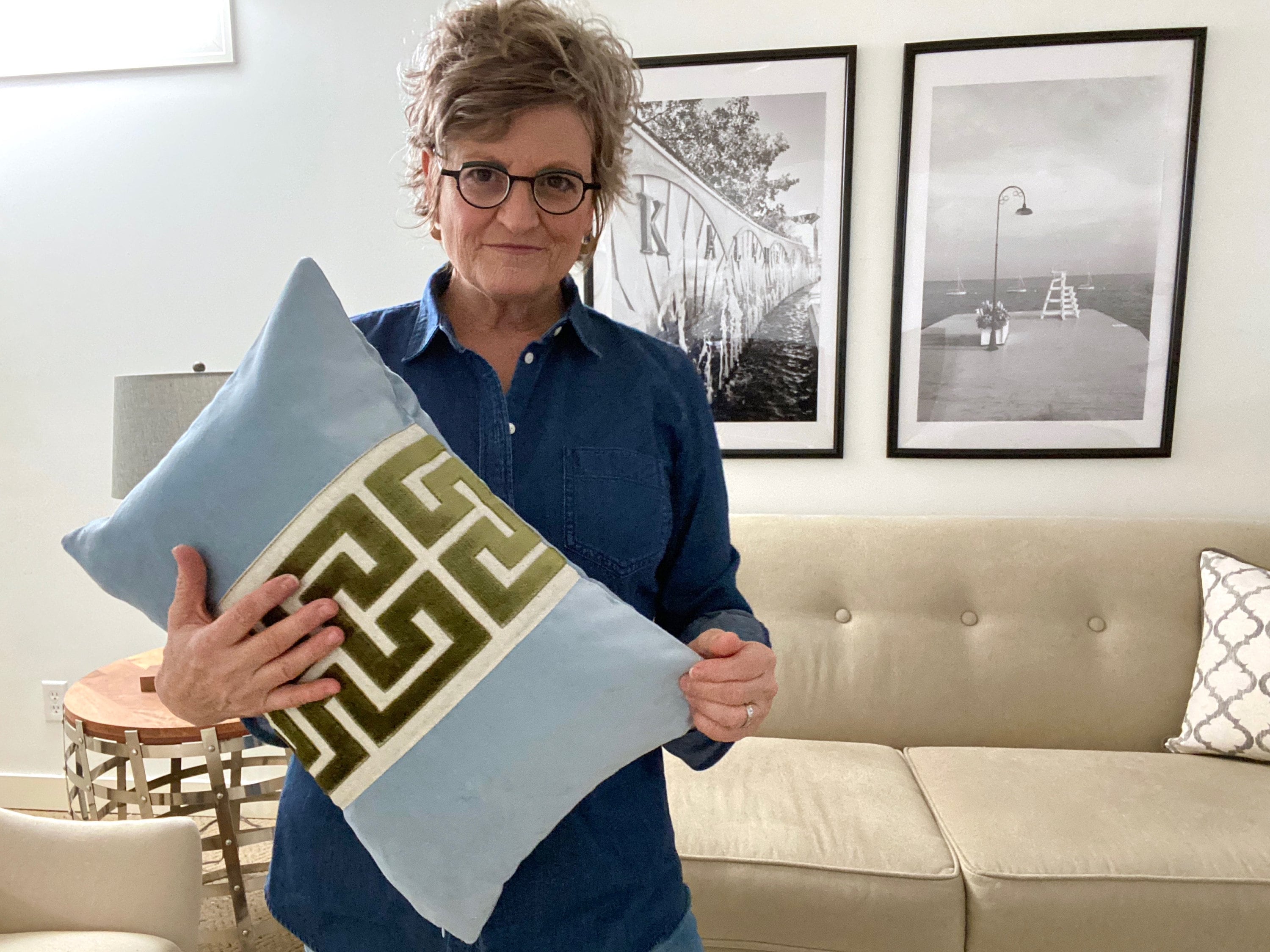 Light Blue Velvet Pillow Cover with Large Greek Key Trim - SELECT TRIM COLOR