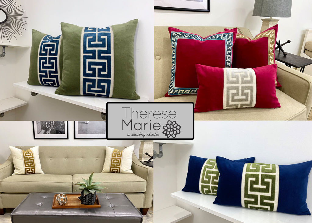 Red Velvet Lumbar Pillow Cover with Large Greek Key Trim - SELECT TRIM COLOR