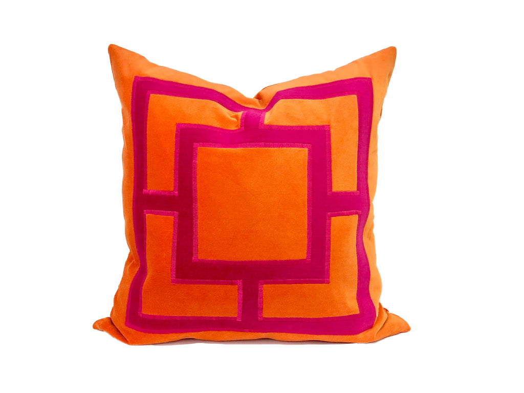 Fuchsia Pink and Orange Square Velvet Applique Pillow Cover