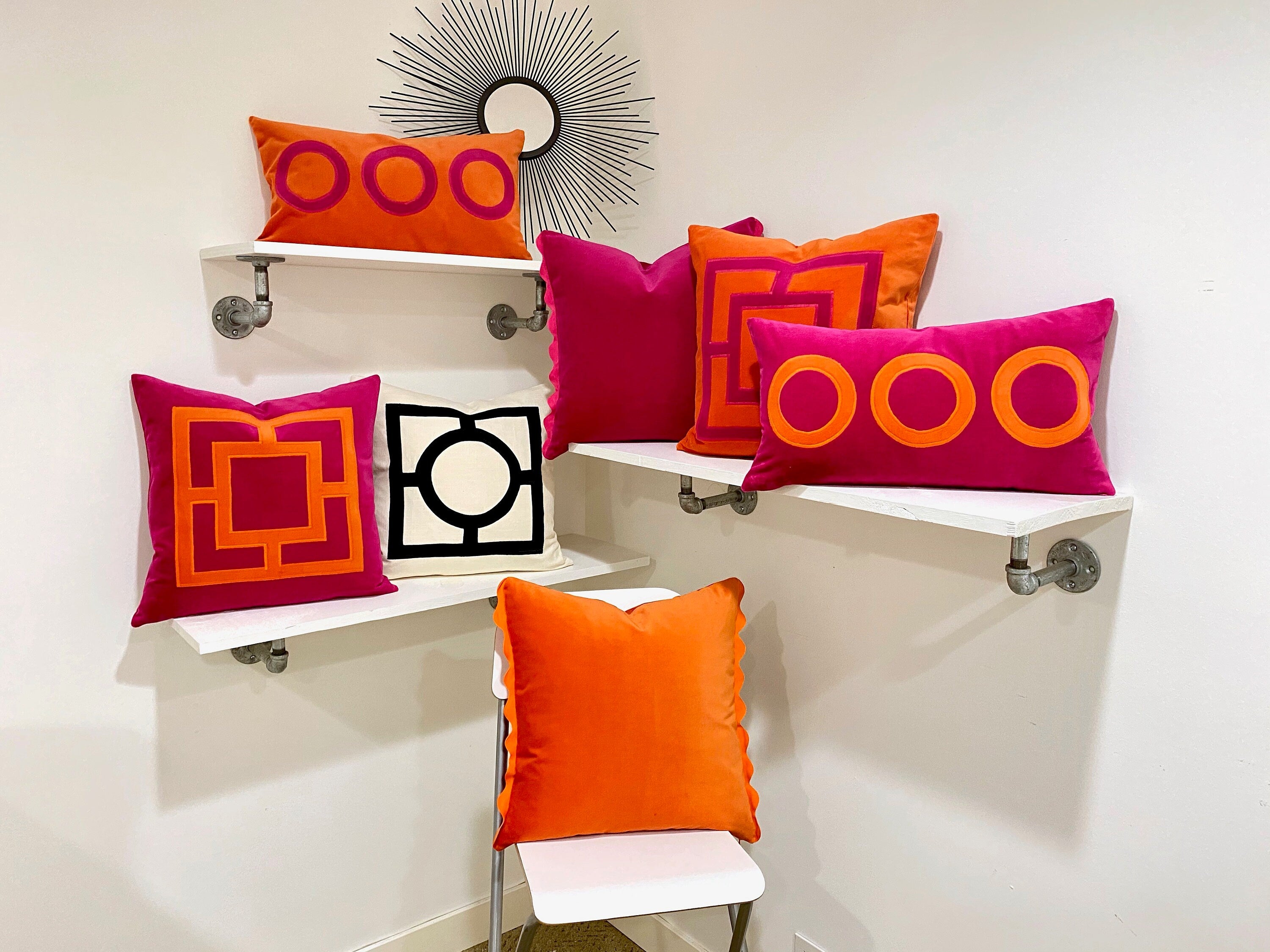 Fuchsia Pink and Orange Square Velvet Applique Pillow Cover